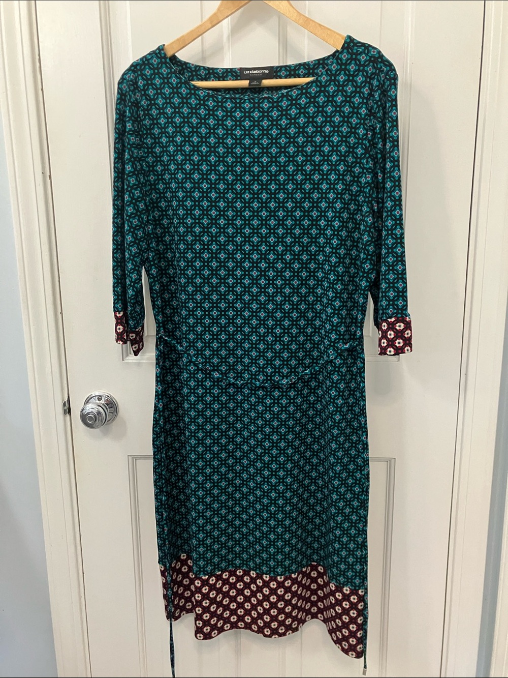 Liz Claiborne Career teal Burgundy belted midi shift Dress green stretchy size L